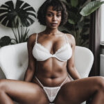 A black woman in white lingerie sitting on a white chair.
