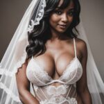 A black woman in a white lingerie posing for a photo.