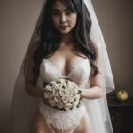 A beautiful bride in a lingerie holding a bouquet.