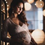 A pregnant woman posing in front of lights.