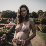 A pregnant woman in pink lingerie posing in a garden.