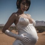 A pregnant woman in a white dress posing in the desert.