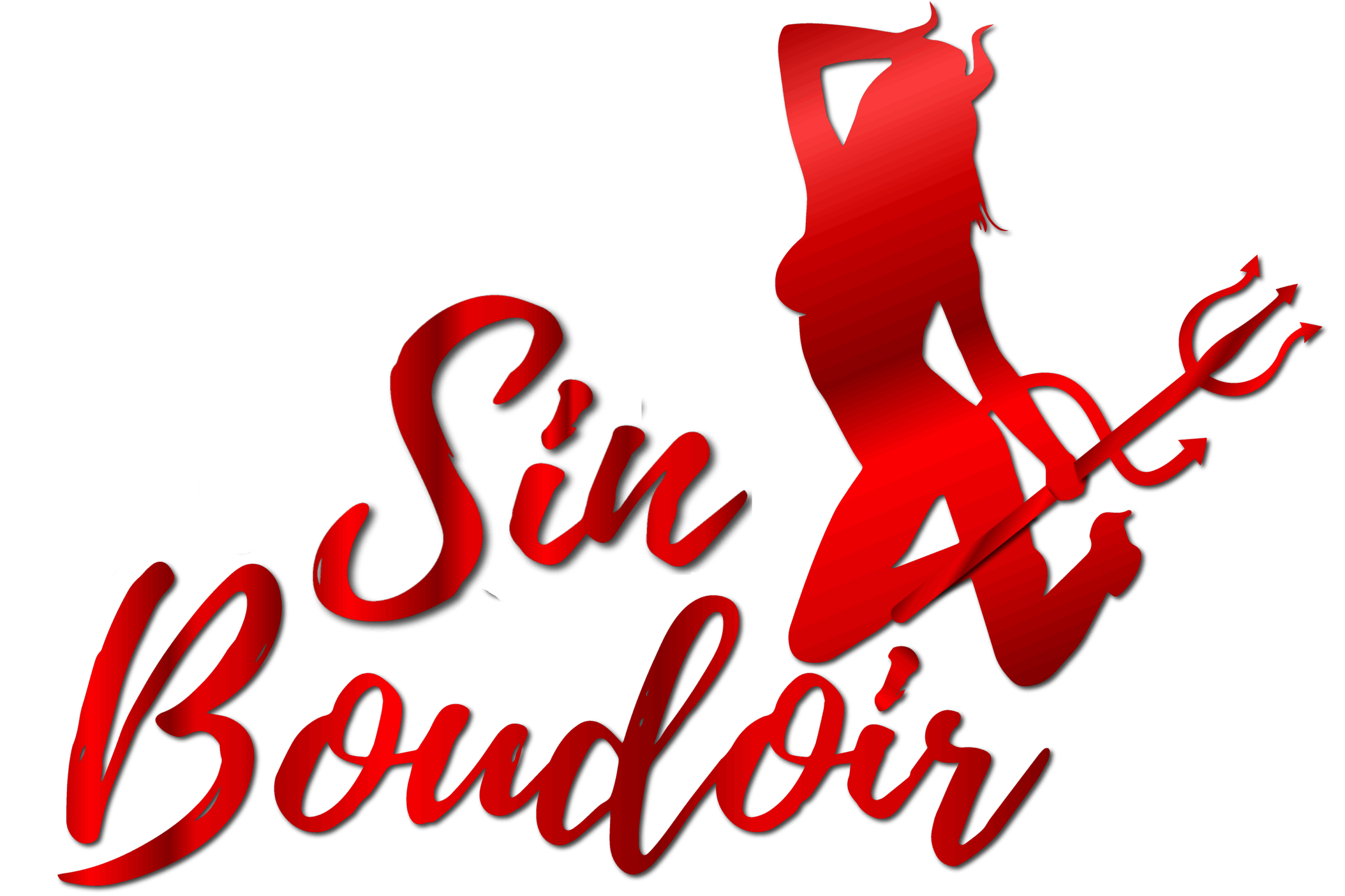 Red text "Sin Boudoir" beside a red silhouette of a woman with devil horns and tail, holding a trident, against a transparent background.
