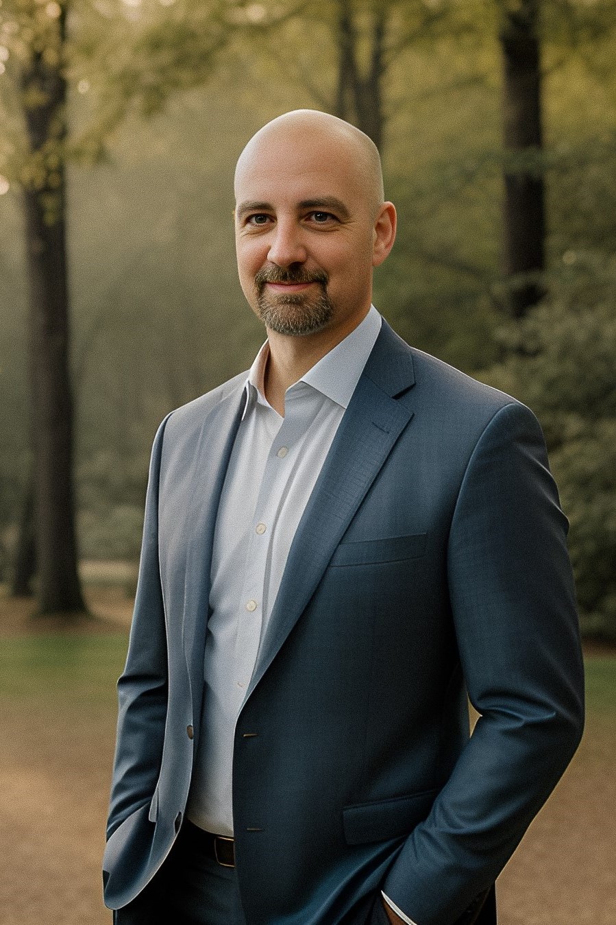 A bald man with a goatee, wearing a blue suit and white shirt, stands outdoors in a wooded area with trees and soft natural light in the background.
