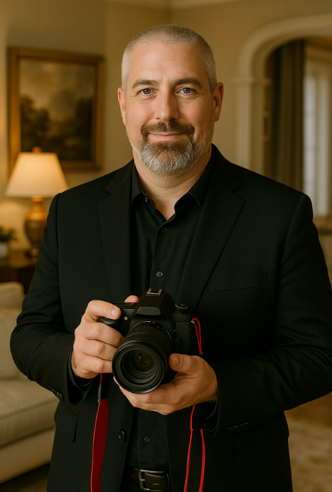 A man with short gray hair and beard, dressed in a black suit, holds a camera and stands in a warmly lit living room.